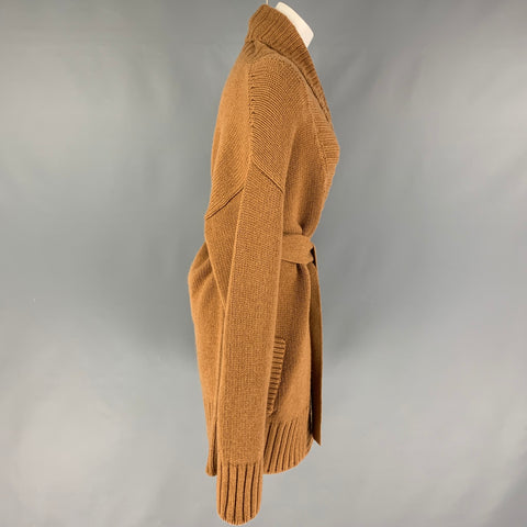 DOLCE & GABBANA Size 8 Tan Cashmere Shawl Collar Belted Cardigan