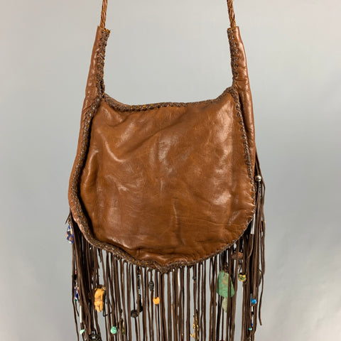 VINTAGE Brown Beaded Leather Turquoise Cross Body Handbag