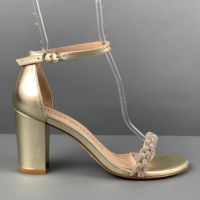 STUART WEITZMAN Taille 6.5 Sandales à talons épais tressés en cuir argenté platine