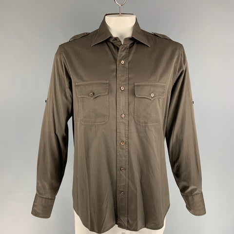 TOM FORD Size XL Green Olive Cotton Epaulettes Long Sleeve Shirt