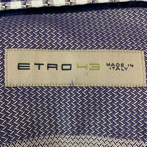 ETRO Size L Navy White Zig Zag Cotton Button Up Long Sleeve Shirt