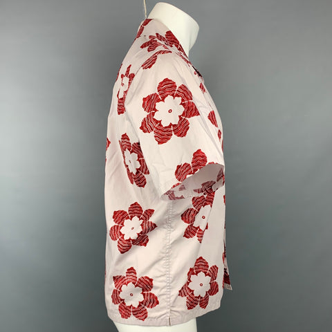 PRADA Size M Light Grey & Burgundy Floral Cotton Camp Short Sleeve Shirt