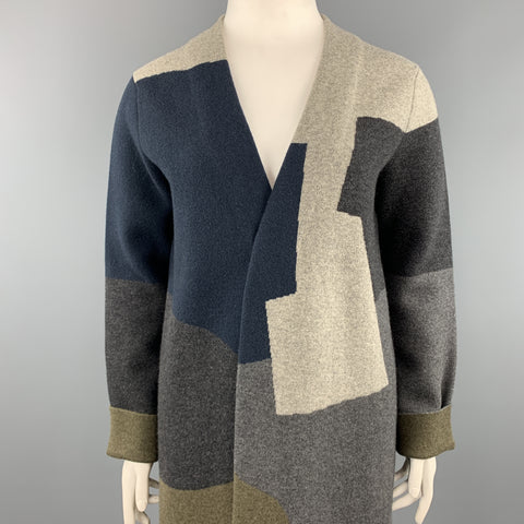 JIL SANDER Size 12 Grey Navy & Olive Green Color Block Cashmere Coat