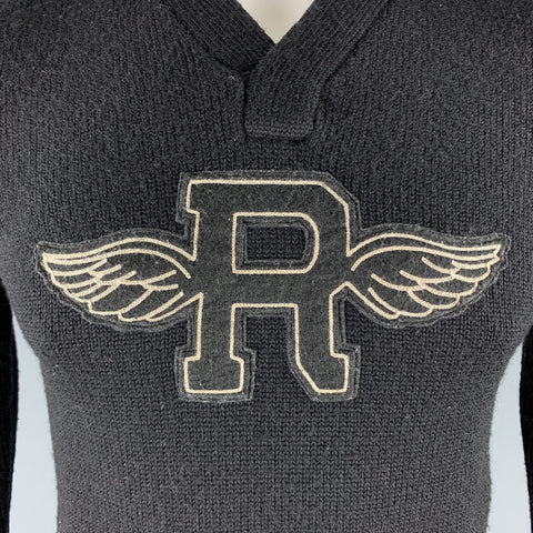 RALPH LAUREN RUGBY Size S Black Knitted Wool V-Neck Elbow Patch Pullover Sweater