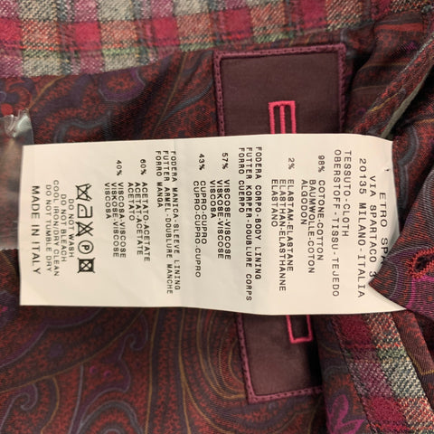 ETRO Size 40 Grey Burgundy Checkered Cotton Blend Notch Lapel Sport Coat