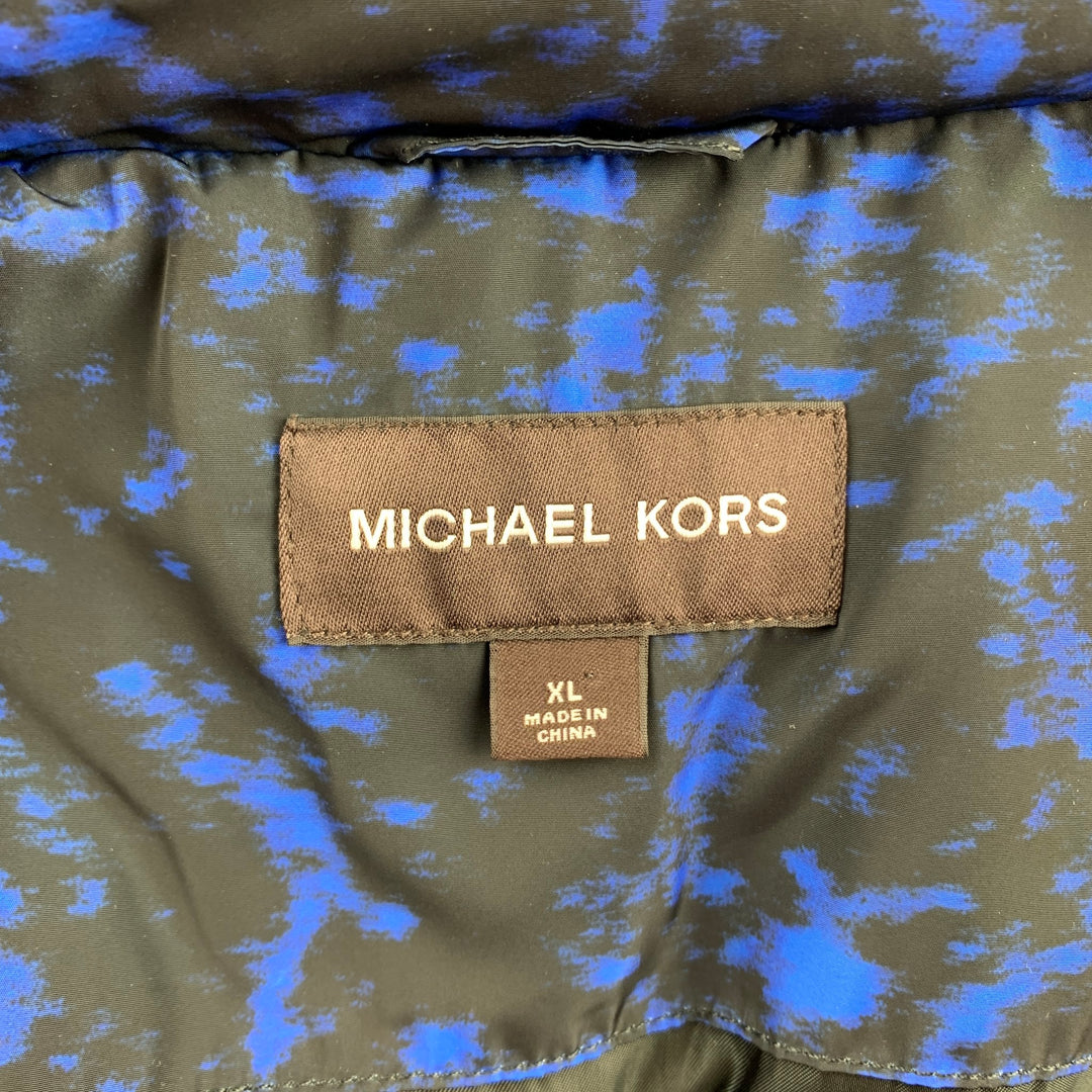 MICHAEL KORS Weather Engineered Size XL Black & Blue Print Polyester Hooded Parka Coat