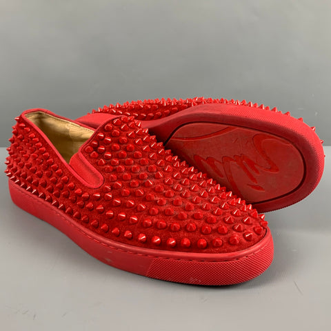 CHRISTIAN LOUBOUTIN Size 8 Red Studded Leather Slip On Sneakers