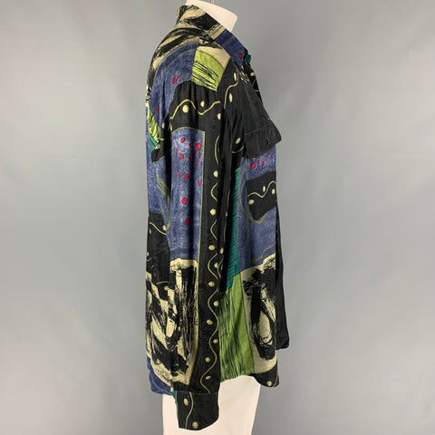 Vintage GOOUCH Size L Black Green Paisley Silk Long Sleeve Shirt