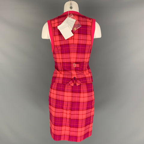LA PERLA Taille 2 Rouge Rose Laine Élasthanne Plaid Crayon Au-dessus du Genou Ensembles de Tenues