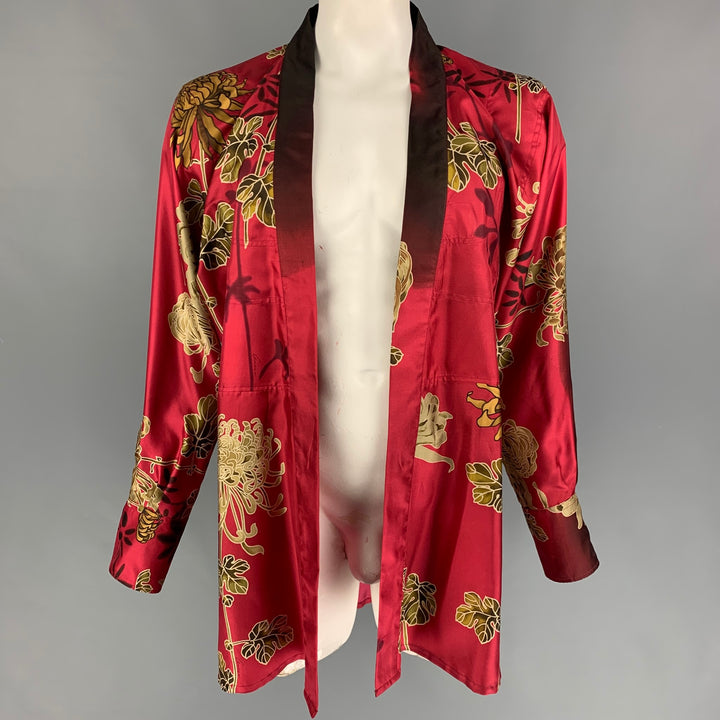 Vintage GUCCI by TOM FORD SS 2001 Size L Red Gold Chrysanthemum Print Silk Tunic Long Sleeve Shirt