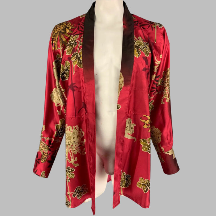 Vintage GUCCI by TOM FORD SS 2001 Size L Red Gold Chrysanthemum Print Silk Tunic Long Sleeve Shirt
