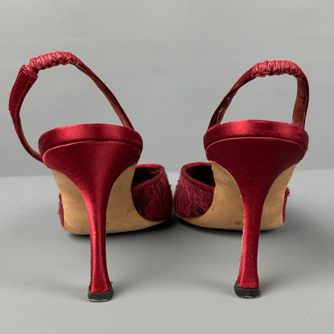 MANOLO BLAHNIK Size 8.5 Burgundy Lace Slingback Pumps