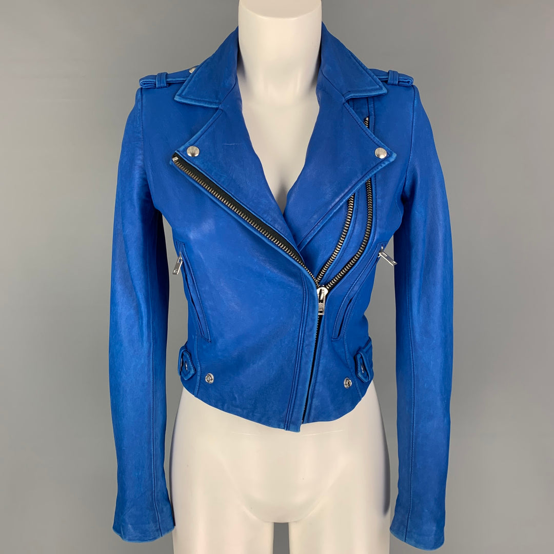 IRO Size 0 Blue Leather Lamb Skin Motorcycle Jacket