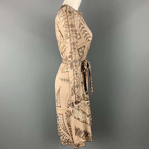 EMILIO PUCCI Vintage Size 8 Taupe Print Silk Long Sleeve Shift Dress