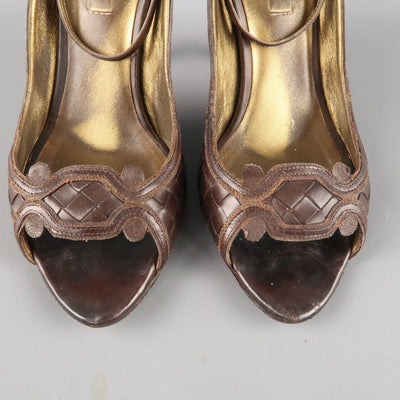 BOTTEGA VENETA Size 6.5 Brown Woven Intrecciato Leather Peep Toe Pumps
