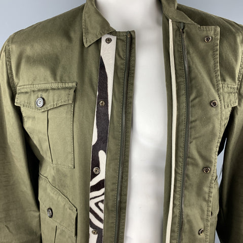 DSQUARED2 Size 44 Olive Cotton Zebra Ponyhair Trim Army Jacket
