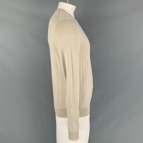 FACONNABLE Size L Oatmeal Solid Silk Blend V-Neck Pullover