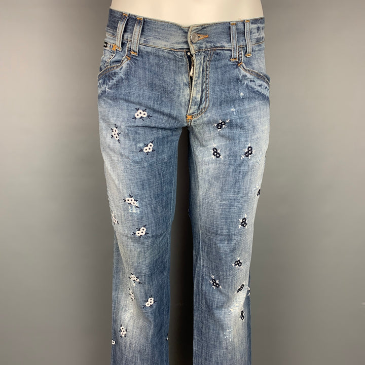 DOLCE & GABBANA Size 30 Blue Floral Embroidery Cotton Jeans