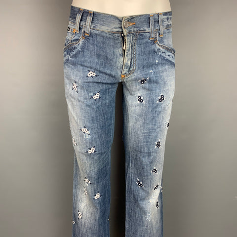 DOLCE &amp; GABBANA Talla 30 Vaqueros de algodón con bordado floral azul