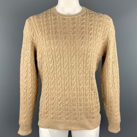 RALPH LAUREN Purple Label Size L Khaki Cable Knit Silk Blend Crew-Neck Sweater