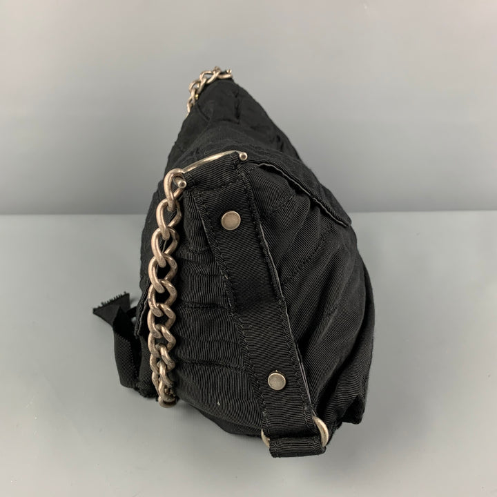 LANVIN Black Silver Textured Fabric Ribbon Shoulder Bag Handbag