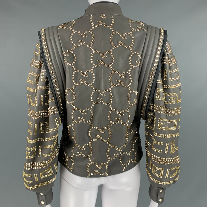 GUCCI FW2018 Runway Talla 2 Chaqueta corta con tachuelas de cuero gris dorado