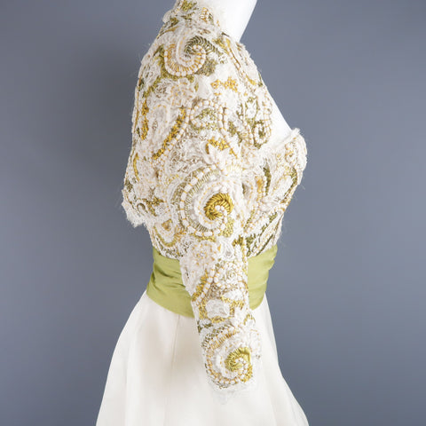 MONIQUE LHUILLIER Size 10 Cream Gold Green Lace Bodice Bolero Gown
