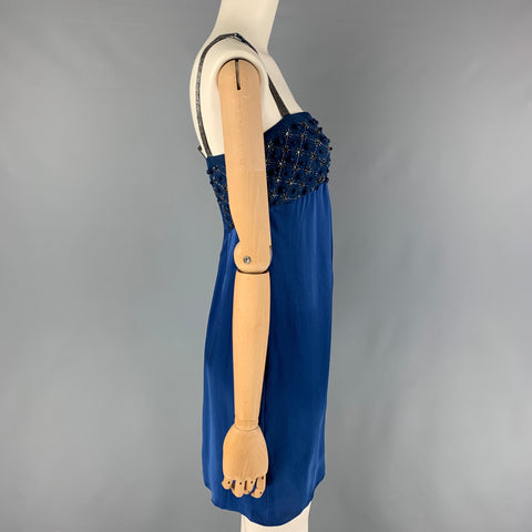 VALENTINO Size 6 Blue Silk Beaded Shift Cocktail Dress