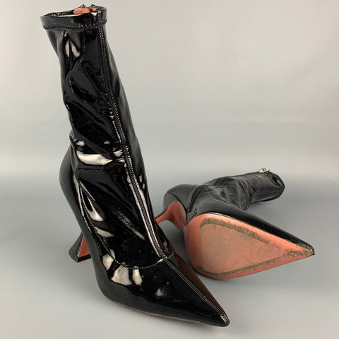 AMINA MUADDI Size 7 Black Patent Leather Pointed Toe Boots