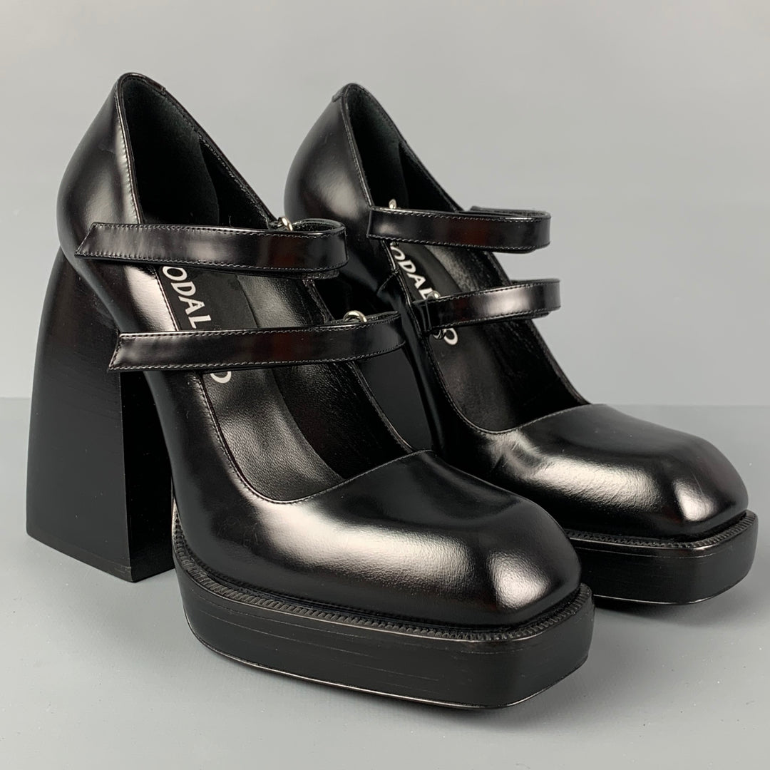NODALETO Size 7 Black Leather Chunky Heel Platform Pumps