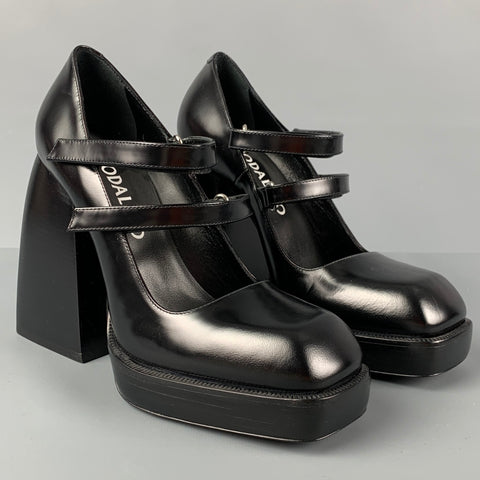 NODALETO Zapatos de tacón con plataforma y tacón grueso de cuero negro talla 7