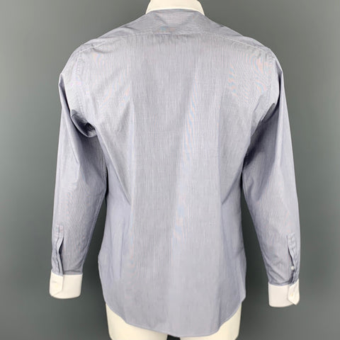 SAINT LAURENT Size L Navy & White Pinstripe Cotton Long Sleeve Shirt