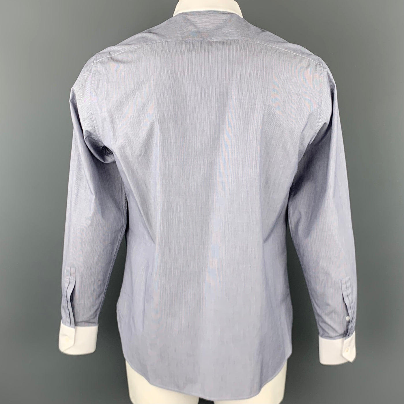 SAINT LAURENT Size L Navy & White Pinstripe Cotton Long Sleeve Shirt