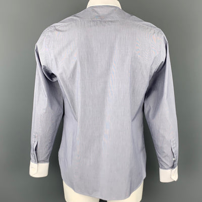 SAINT LAURENT Size L Navy & White Pinstripe Cotton Long Sleeve Shirt