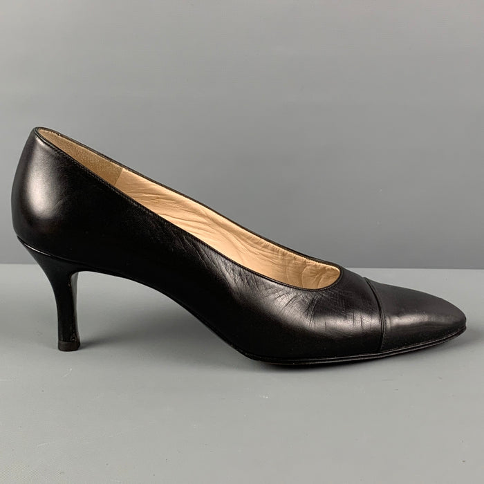 CHANEL Size 7.5 Black Leather Cap Toe Pumps