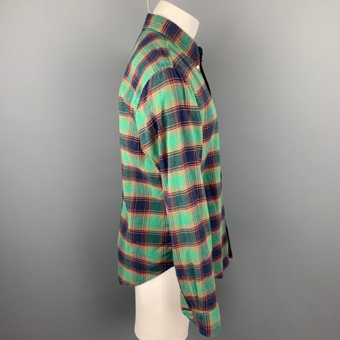 BAND OF OUTSIDERS Size L Green & Navy Plaid Cotton Button Down Long Sleeve Shirt