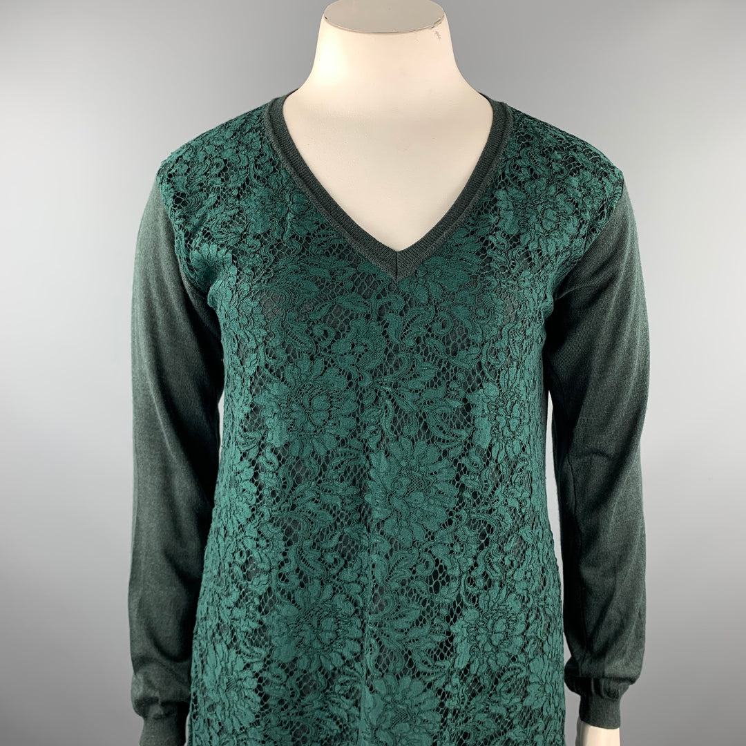 VALENTINO Size L Dark Green Lace Wool Blend Tunic Dress