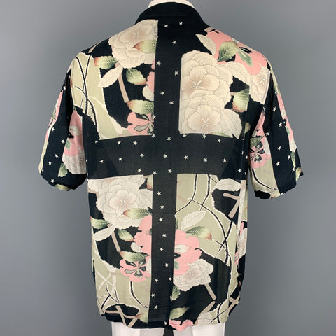 ALLSAINTS Size XXL Black & Beige Print Viscose Camp Short Sleeve Shirt