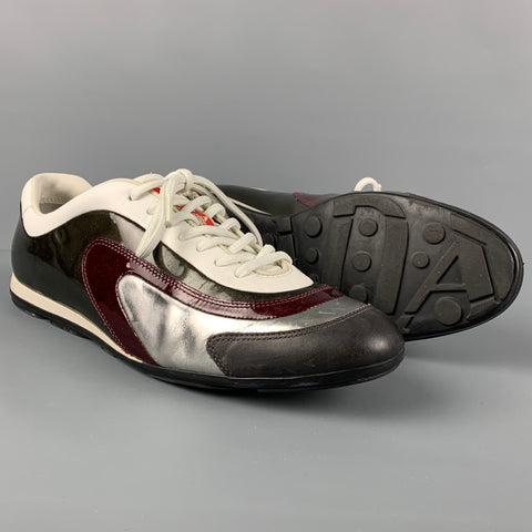 PRADA Size 7.5 Olive White Silver Color Block Lace Up Sneakers