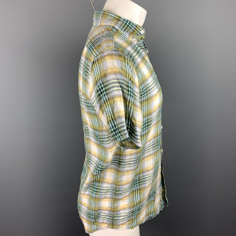 CHAMBRAY Size S Green Plaid Linen Button Down Short Sleeve Shirt