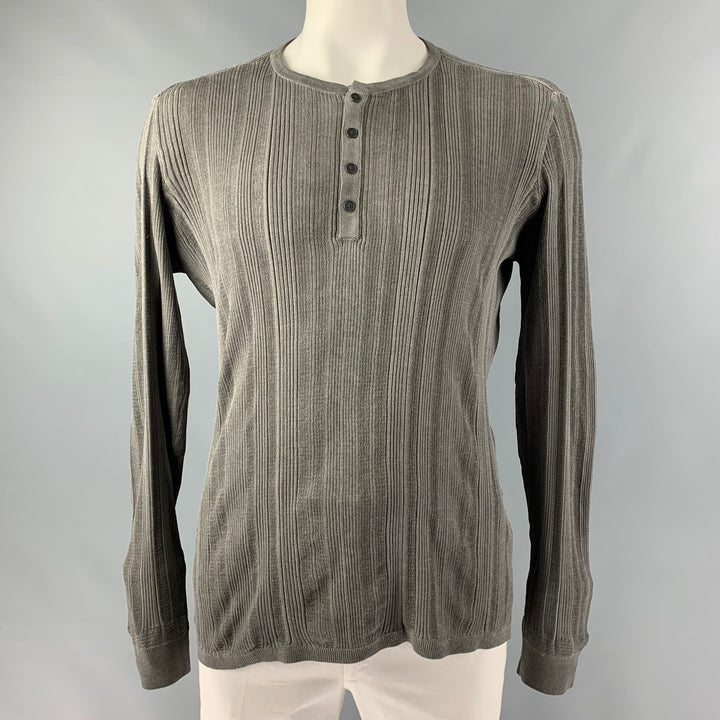 JOHN VARVATOS Taille L Pull Henley en coton côtelé gris