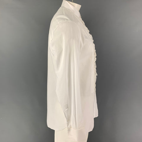 TOM FORD Size L White Ruffled Cotton Nehru Collar Long Sleeve Shirt