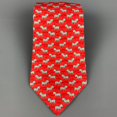 HERMES 7110 OA Red White Zebra Silk Tie
