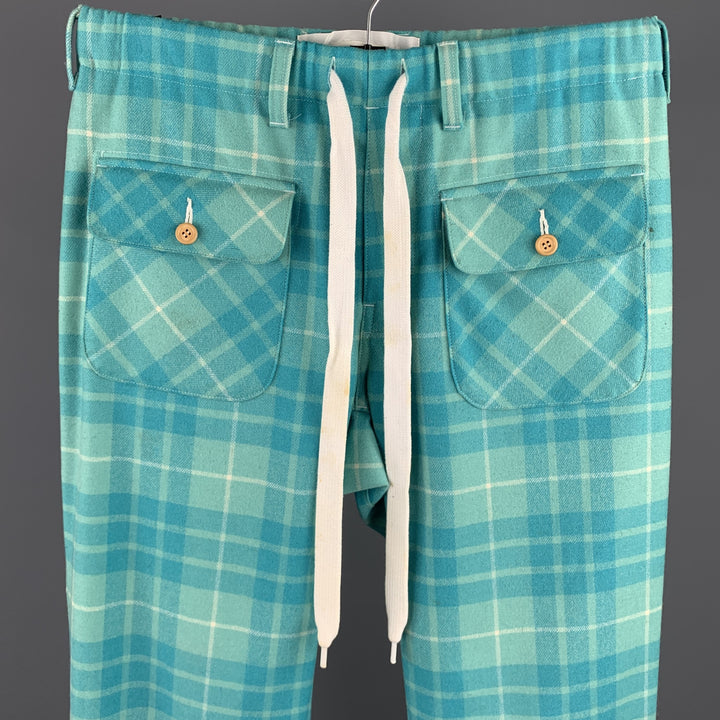 COMME des GARCONS GANRYU Size S Aqua Plaid Wool / Nylon Elastic Waistband Casual Pants