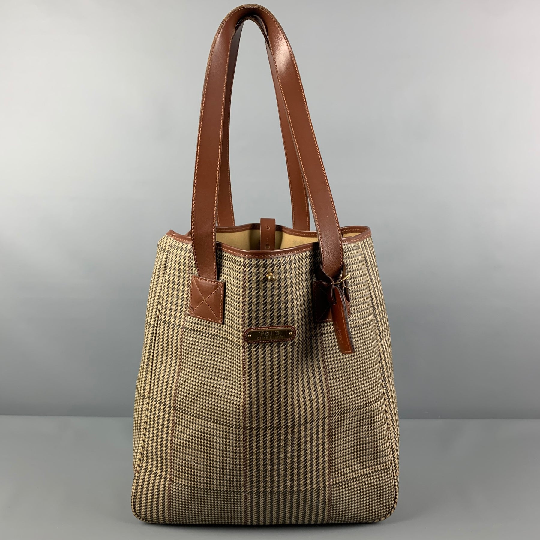 Vintage RALPH LAUREN Beige Brown Plaid Leather Trim Canvas Tote