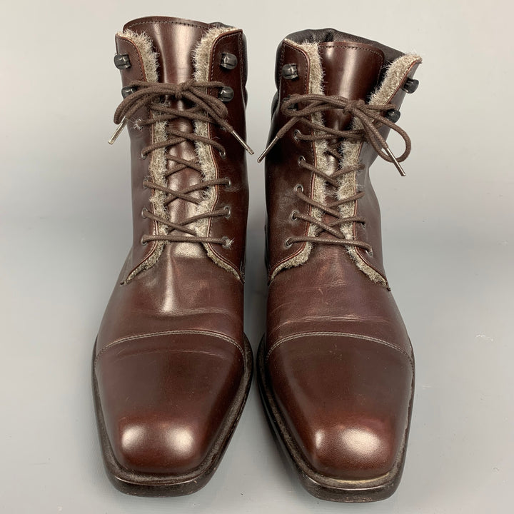 EMPORIO ARMANI Size 9 Brown Leather Faux Fur Lined Lace Up Boots