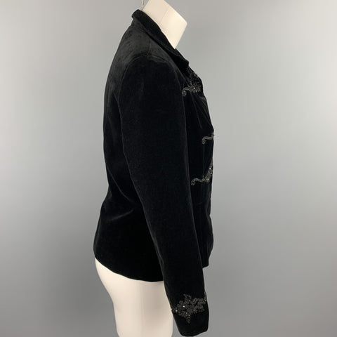 BLUMARINE Size 6 Black Embroidered Cotton Velvet Hook & Eye Jacket