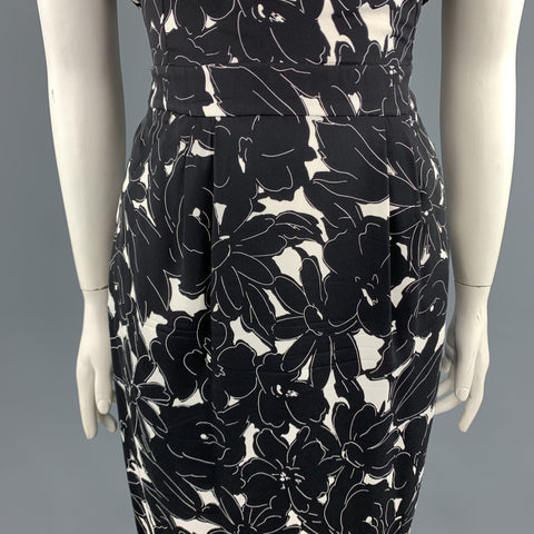 OSCAR DE LA RENTA 14 Black & White Floral Stretch Silk Sleeveless Shift Dress