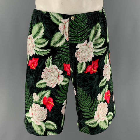 GUCCI Size 34 Green Black Floral Viscose Silk Joggers Shorts