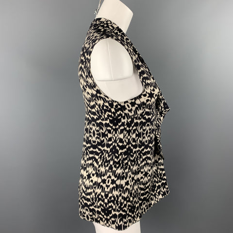 ETRO Size 12 Black & White Ikat Silk Ruffled Sleeveless Blouse